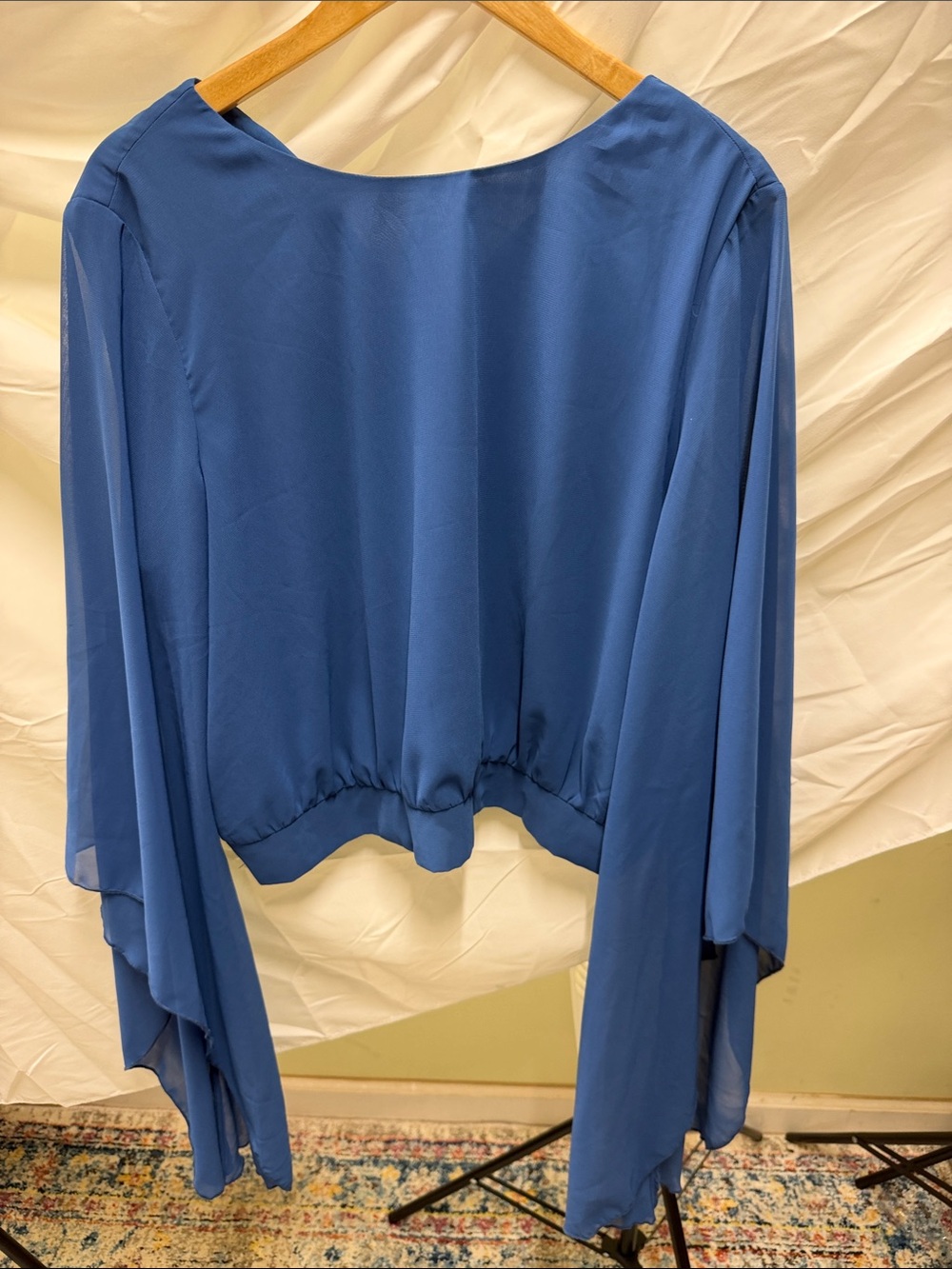 Blue Draped Long-Sleeve Blouse - Women's